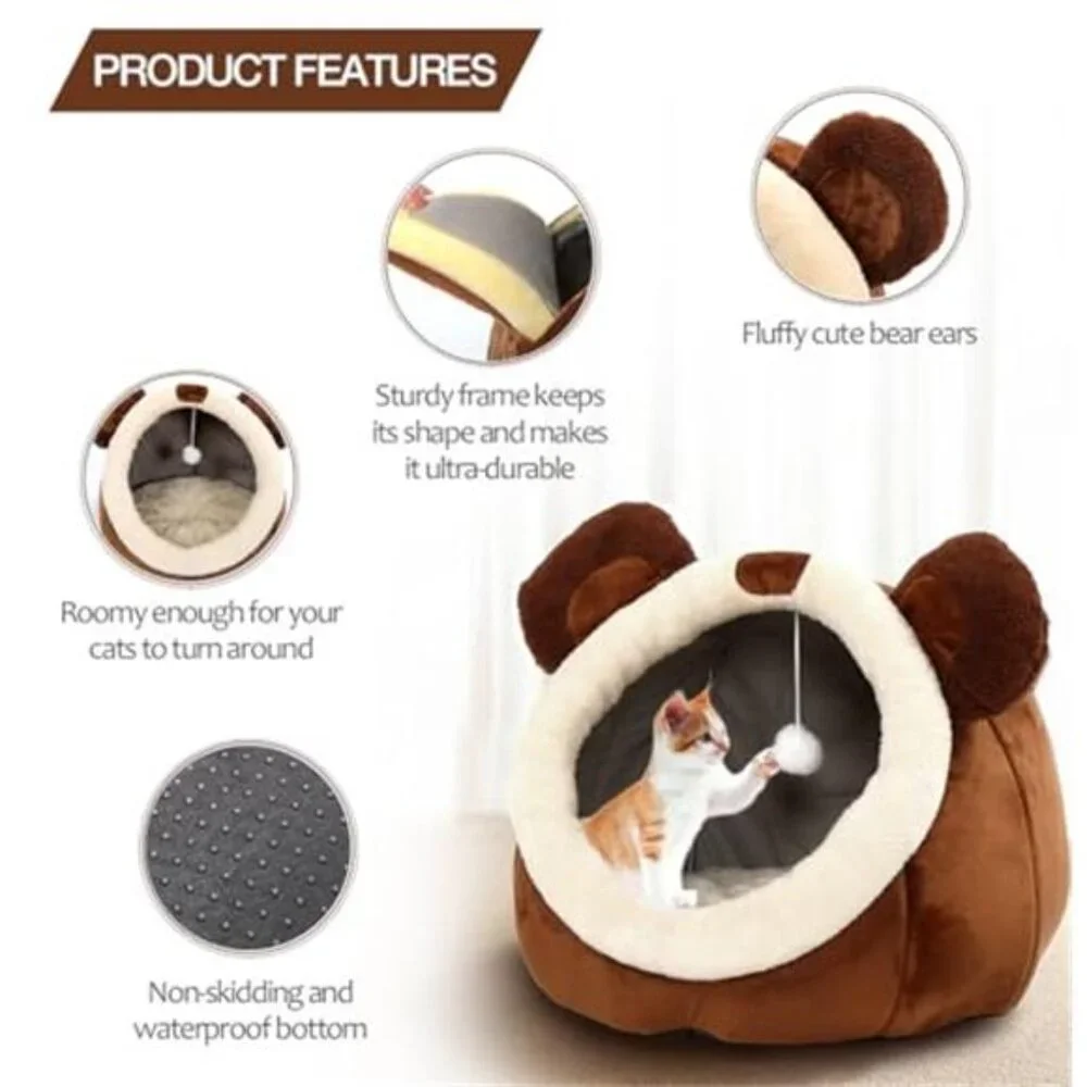 Cat Bed Cave Plush Indoor Cats Removable Washable Pillow Cozy Bear House Soft